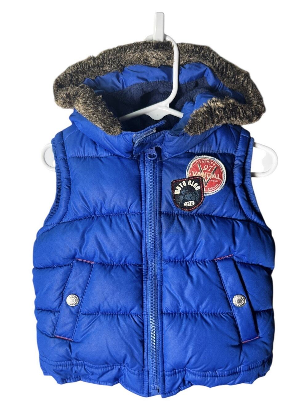 Y2K Old Navy Baby 12-18M Blue Puffer Vest Fur Trim Hood Moto Patch Winter Coat